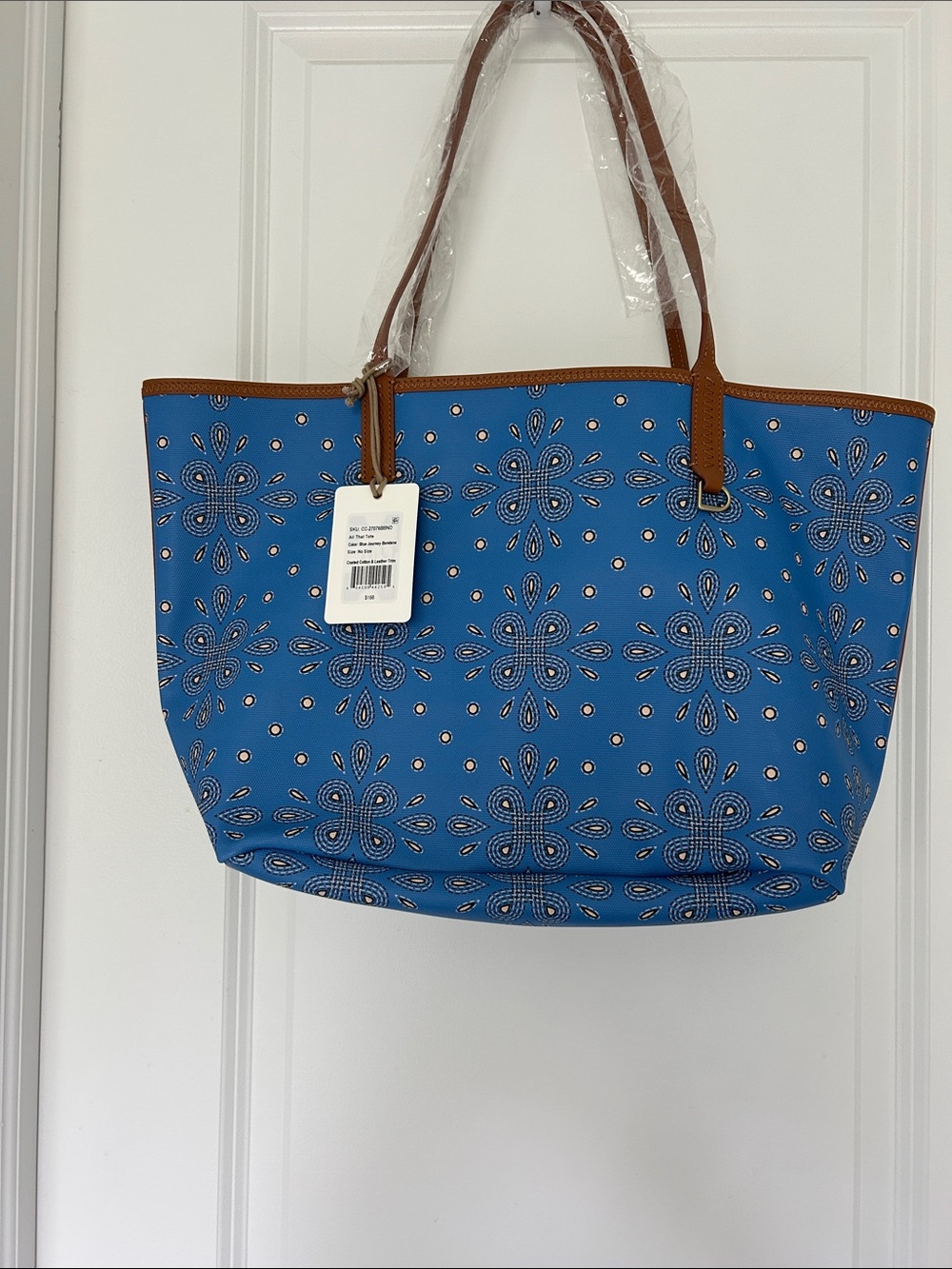 HOBO Blue Floral Tote with Brown Trim NWT original price $188